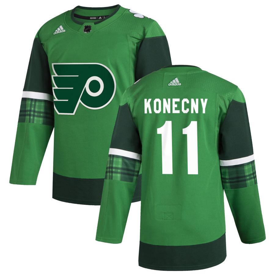Philadelphia Flyers #11 Travis Konecny Men Adidas 2020 St. Patrick Day Stitched NHL Jersey Green->new york islanders->NHL Jersey